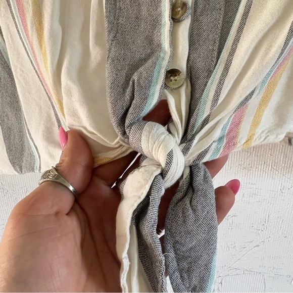 Style Envy Cropped Colorful Striped Button-Down Tie Front Blouse Single Stitch S - Picture 5 of 16